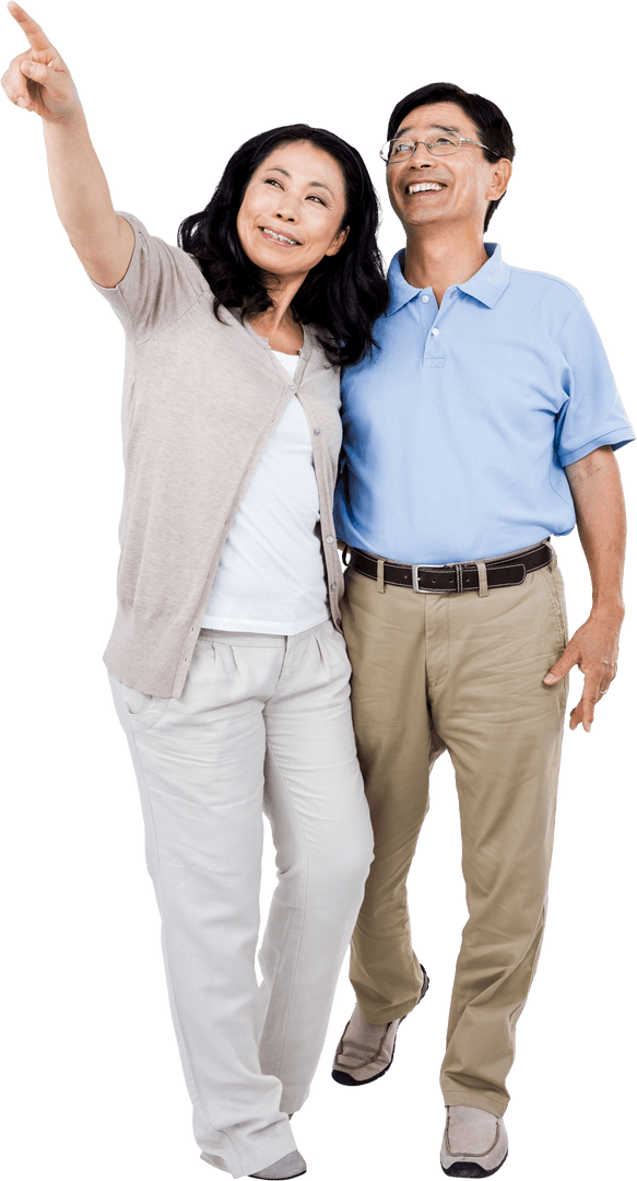 Transparent Happy Couples Pointing Upward Smiling Together