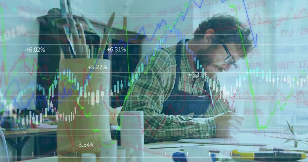 Artisan Sketching with Stock Market Overlay Symbolizing Creativity and Innovation
