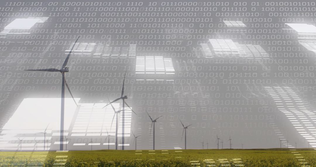 Wind Turbines Powering Smart Grid with Binary Data Overlay on Rural Wind Farm Landscape