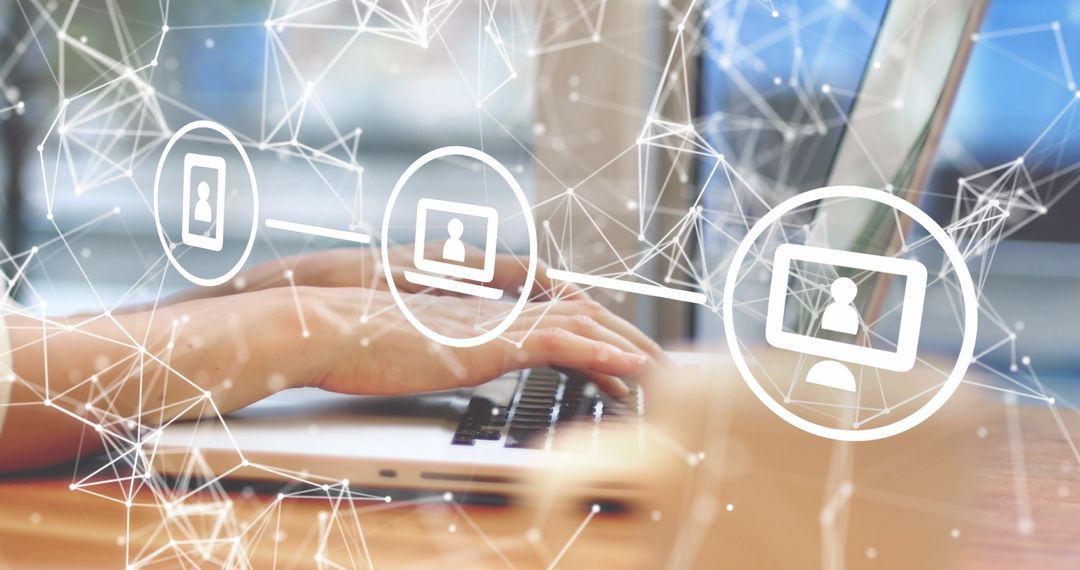 Hands Typing on Laptop with Digital Network Icons