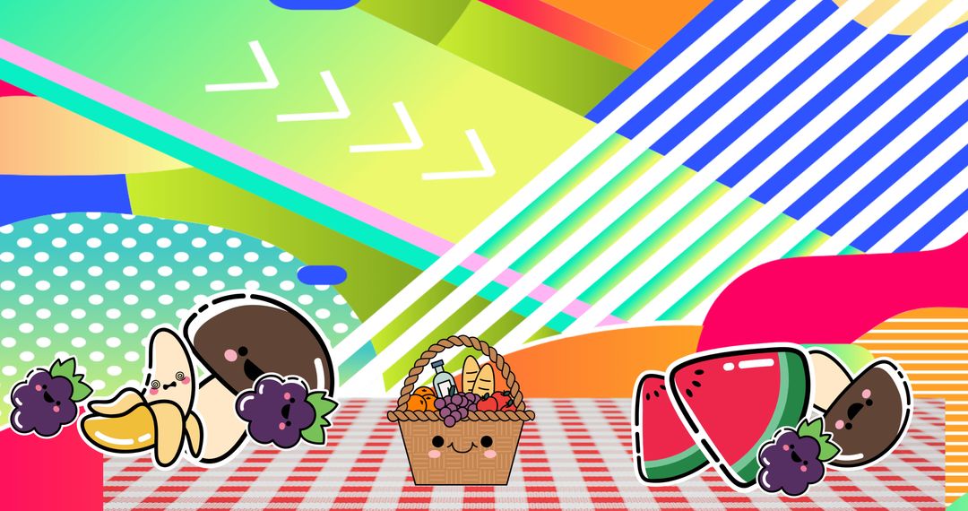 Colorful Picnic Baskets on Gingham with Abstract Background