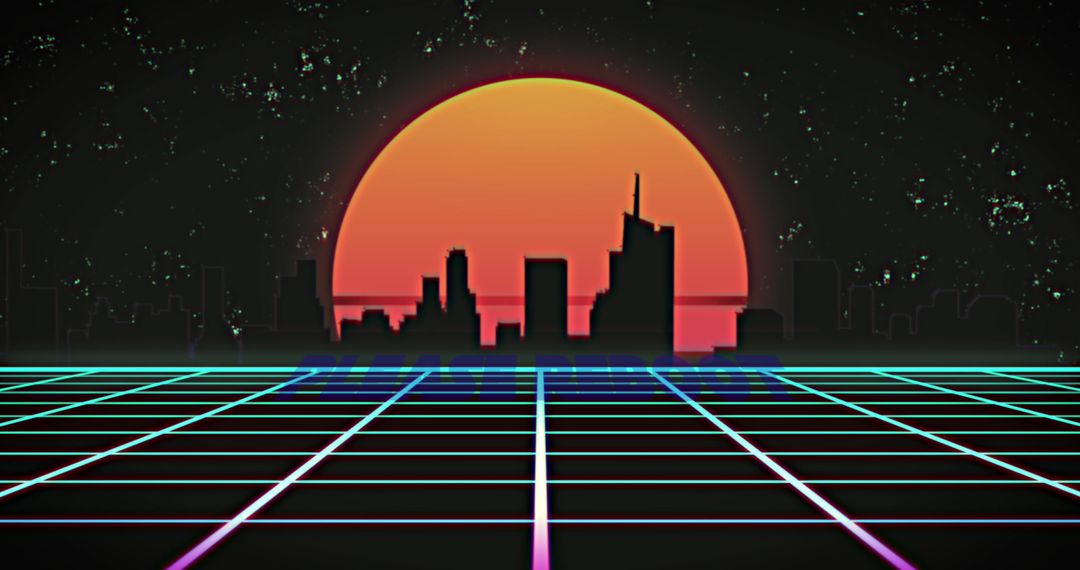 Retro Futuristic Cityscape with Digital Sunset