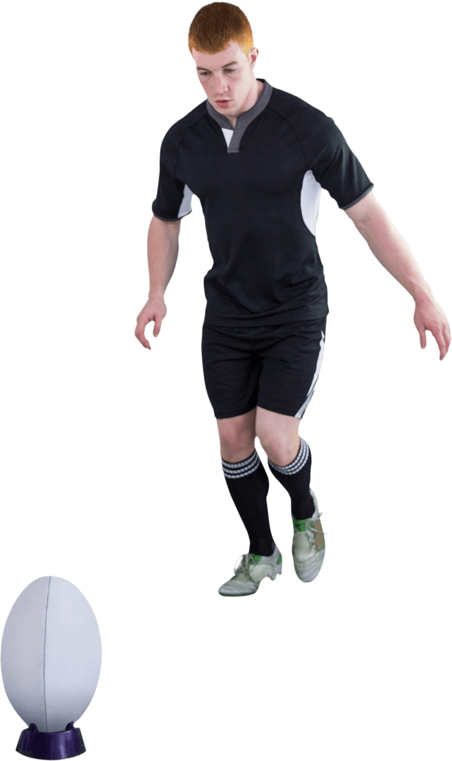 Determined Rugby Player Kicking Ball Isolated on Transparent Background