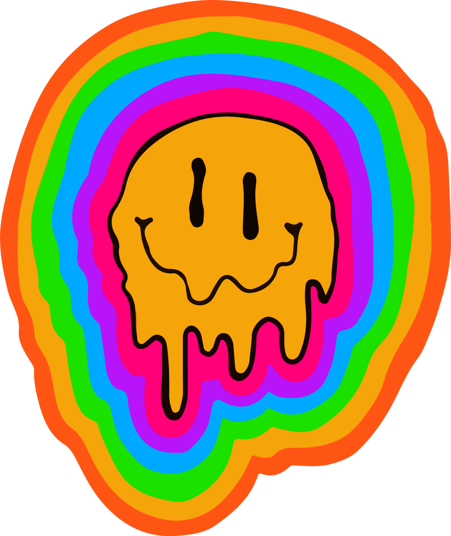 Melting Smiley Face with Rainbow Outline on Transparent Background