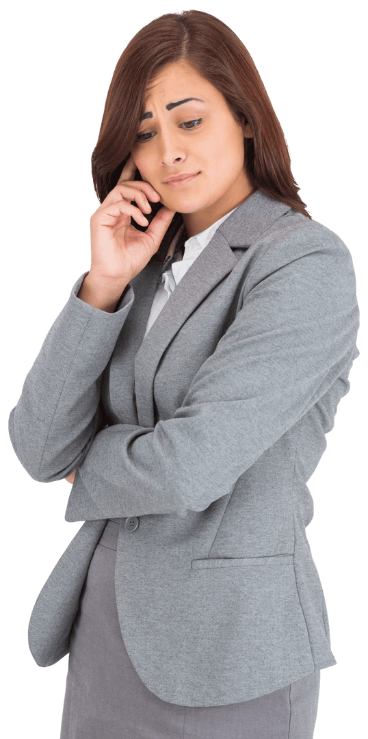 Perplexed Businesswoman in Gray Suit on Transparent Background