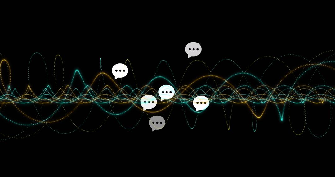 Colorful Waveforms and Communication Icons on Dark Background