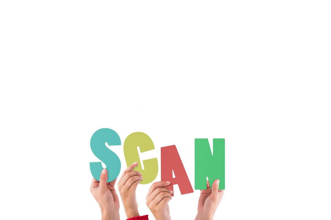 Transparent Hands Holding Colorful SCAN Letters PNG