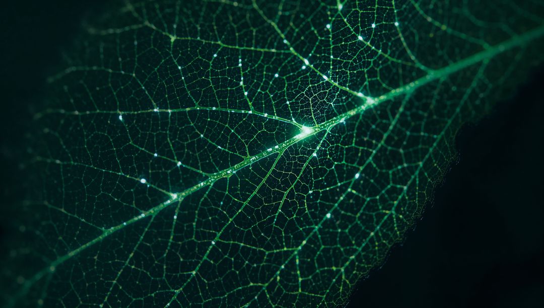 Macro leaf venation with glowing midrib and dew droplets, translucent green closeup