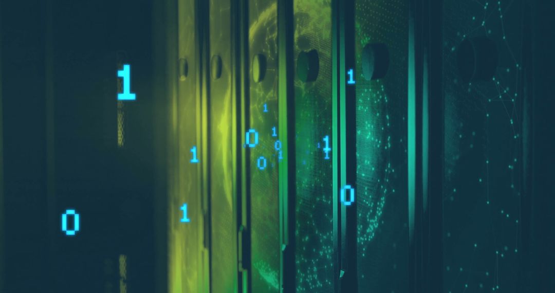 Futuristic Data Center with Glowing Servers and Digital Bits