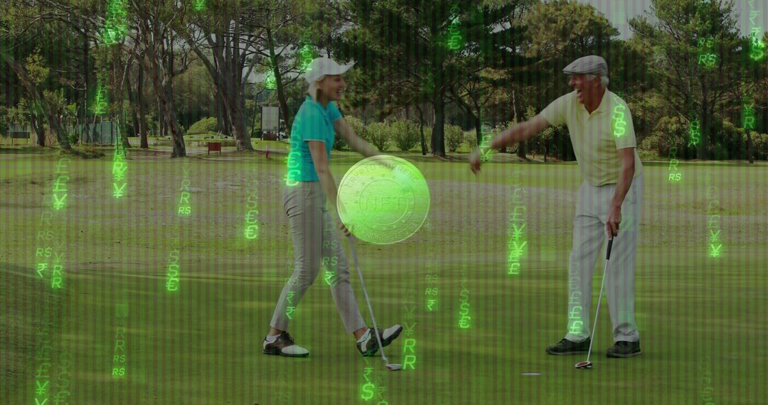 Golfer Fist Bump with Digital Crypto Matrix Aesthetics