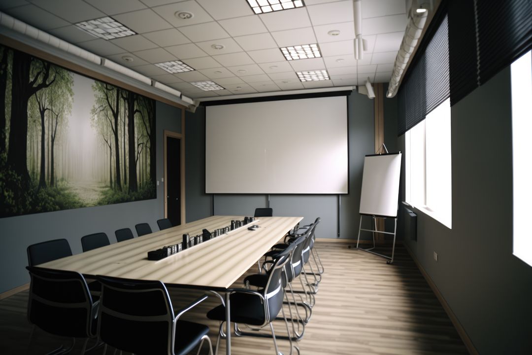 Modern Conference Room with Large Screen and Forest Wall Mural - Free Images, Stock Photos and Pictures on Pikwizard.com