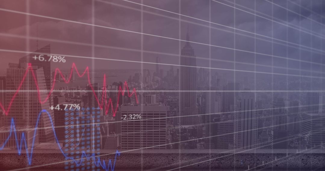 Financial Data Graphs Overlaying Urban Skyline
