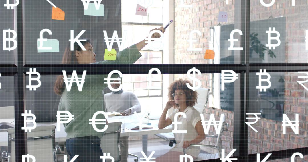 Currency Symbols Overlaying Business Meeting in Modern Office