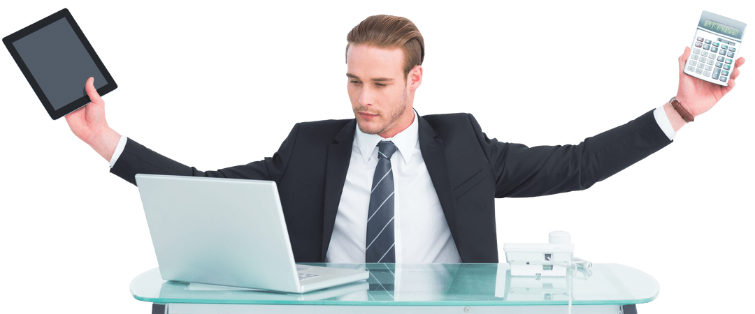 Transparent Multitasking Businessman with Tablet and Calculator