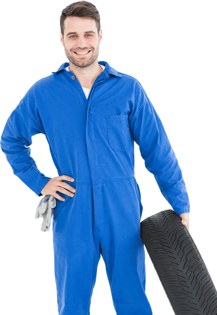 Transparent Male Mechanic Holding Car Tire Smiling