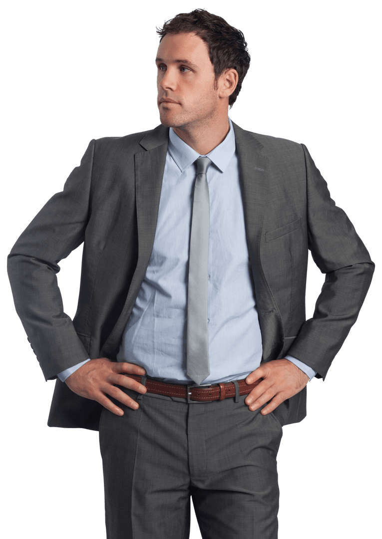 Transparent Confident Businessman in Gray Suit with Hands on Hips