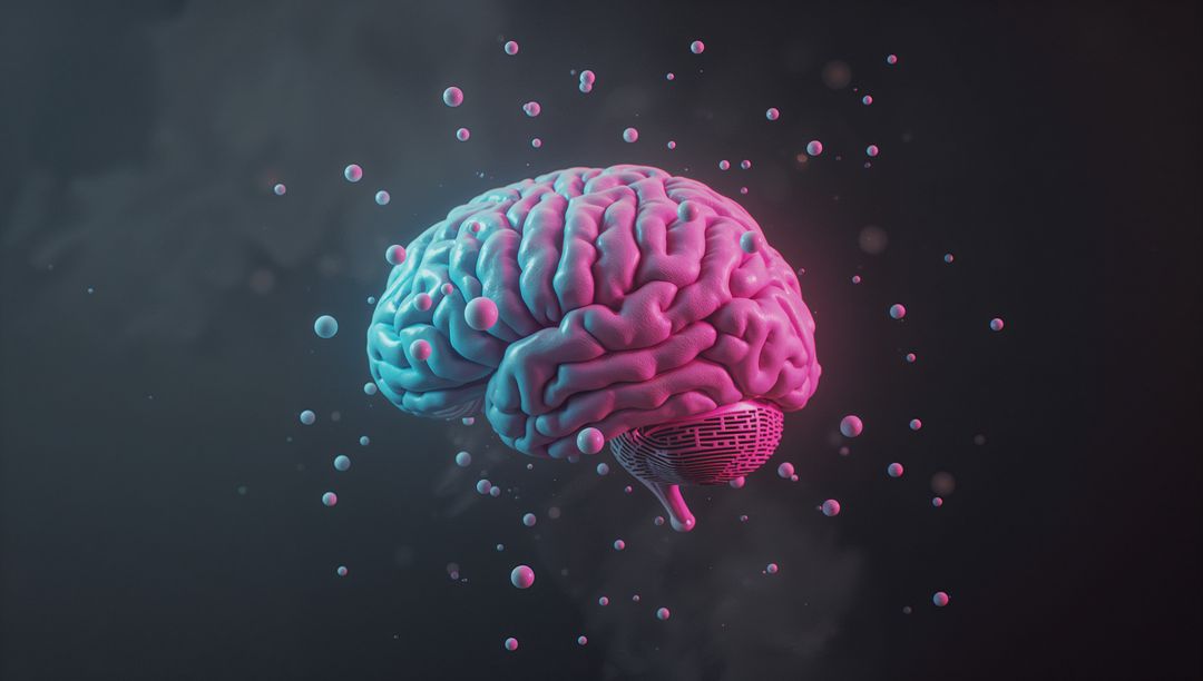 Futuristic 3D Brain with Glowing Spheres in Digital Space