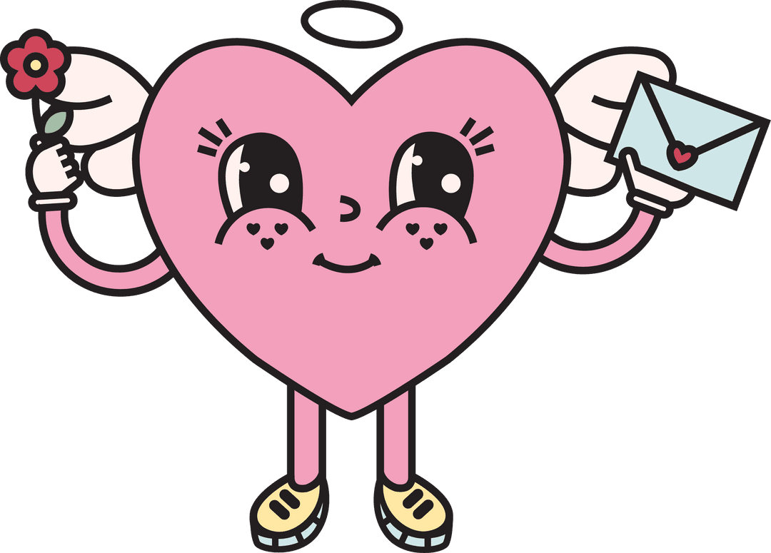 Pink Heart Character Holding Flower and Envelope on Transparent Background