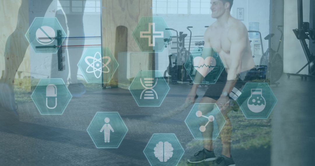 Fitness Enthusiast Exercising with Health Icons Overlay