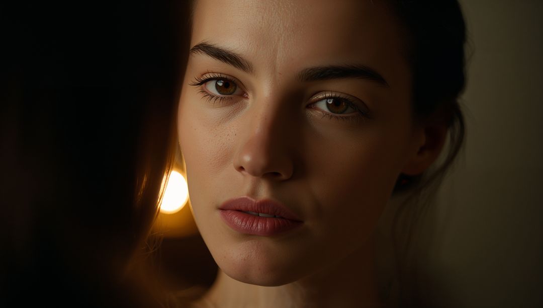 Moody closeup of young woman gazing into warm rim light with contemplative expression