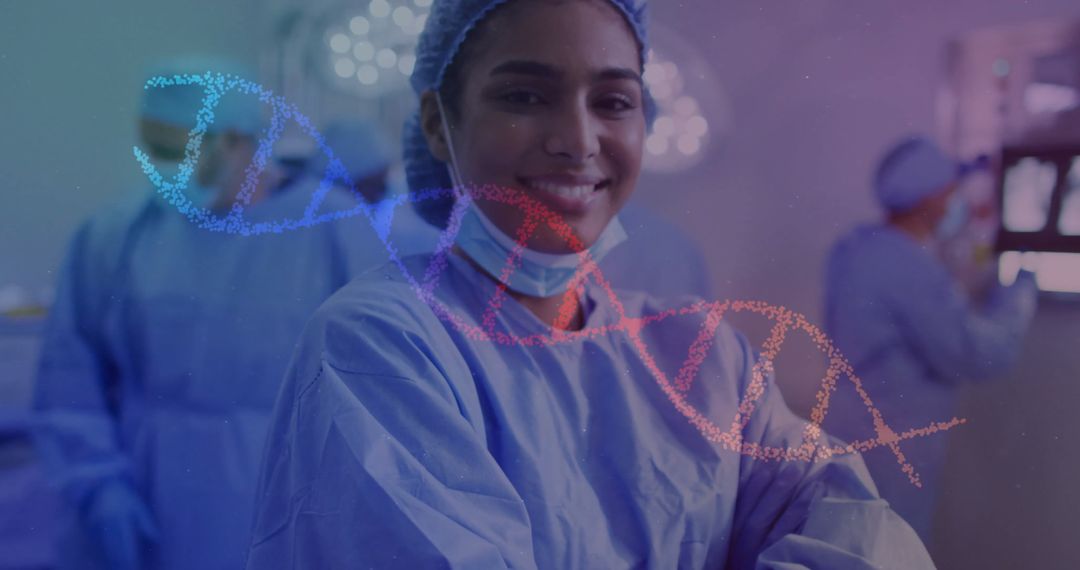 Smiling Surgeon with Virtual DNA Strand Imagery in Medical Setting