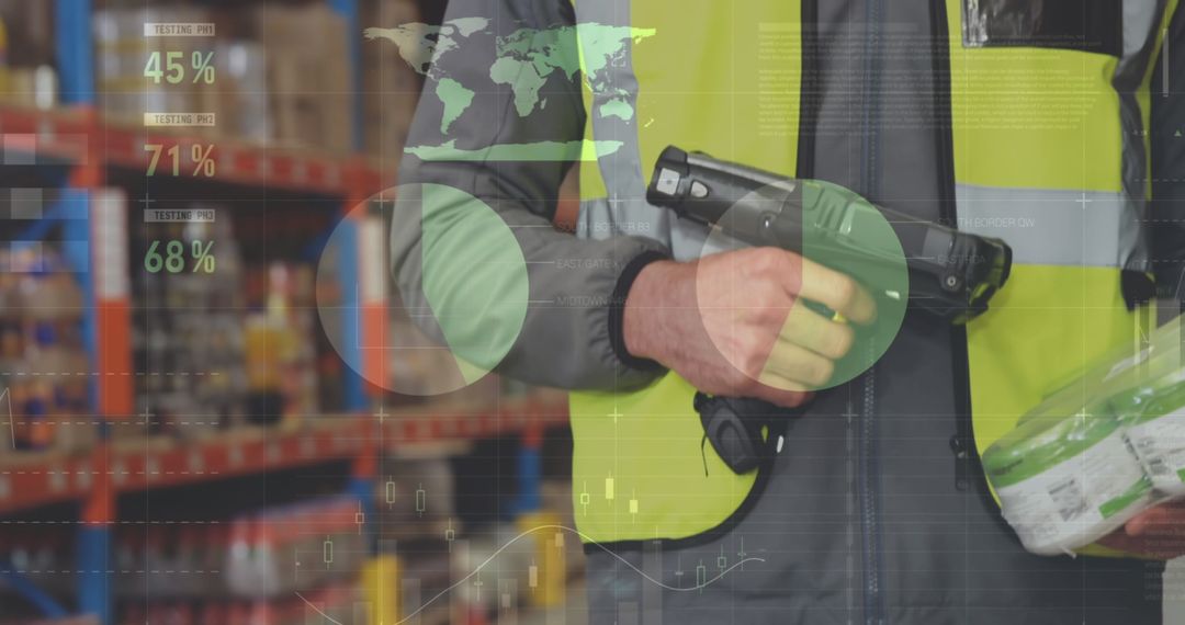 Warehouse Worker Conducting Inventory with Digital Data Overlay