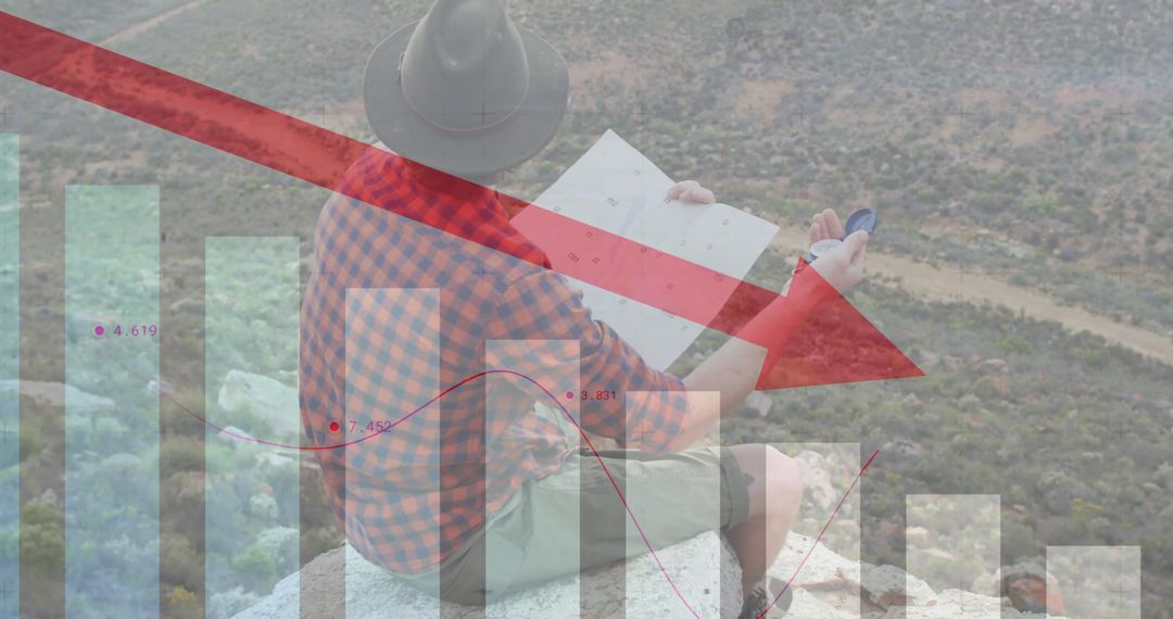 Traveler Overlaid with Financial Data in Mountain Setting