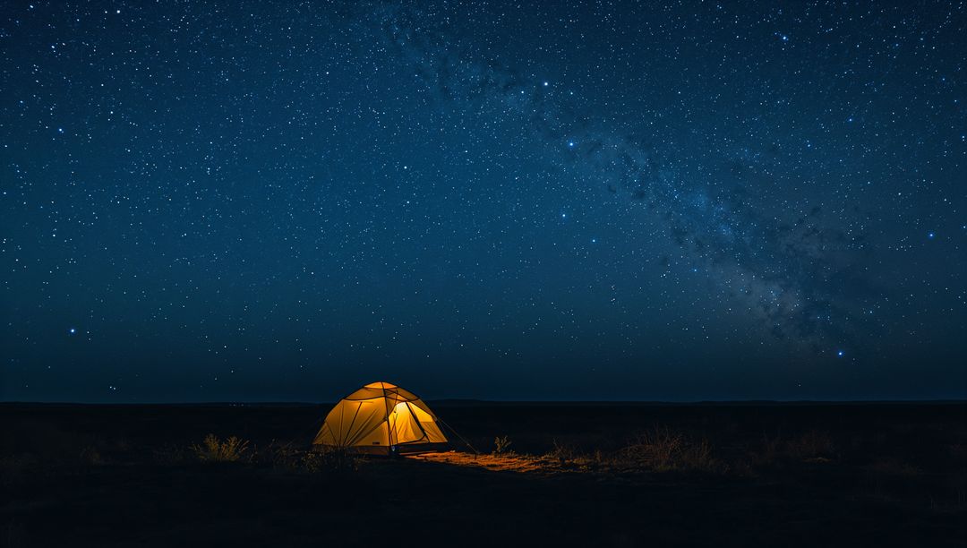 Glowing Camp Tent under Milky Way on Open Plain at Night, Starry Sky and Solitary Landscape