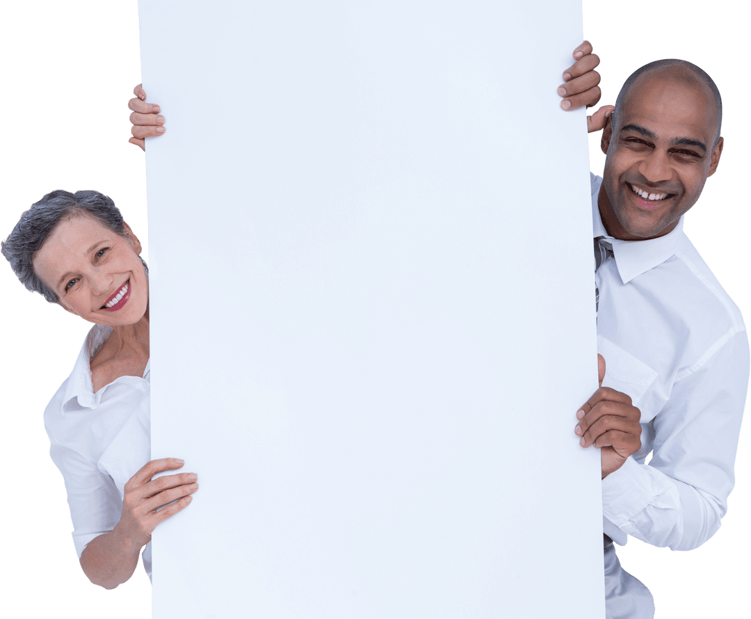 Smiling Diverse People Holding Blank Transparent Sign