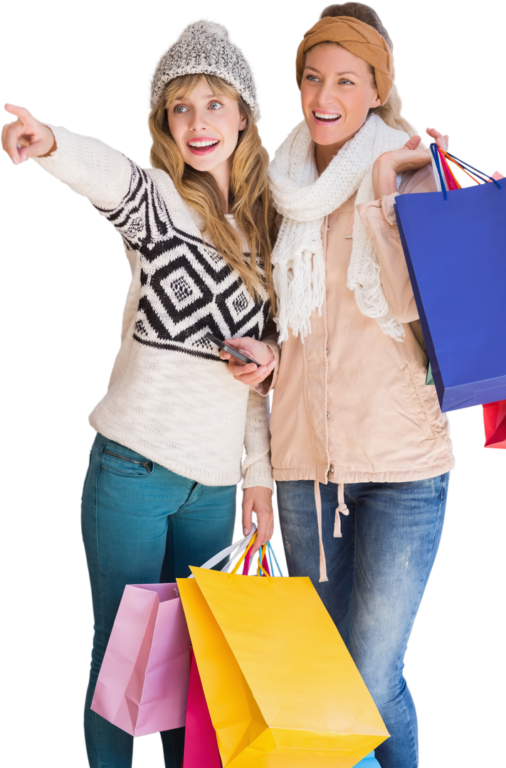 Joyful Women with Shopping Bags Enthusiastically Pointing at Transparent Background - Download Free Stock Images Pikwizard.com