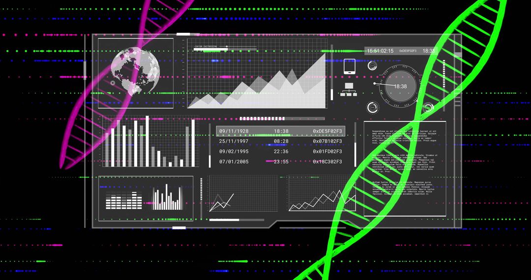Futuristic Data Analysis Display with DNA Helices and Charts