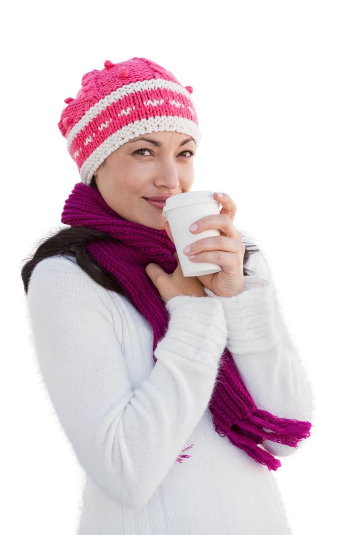 Happy Woman in Warm Clothes Holding Hot Drink Transparent Background Isolated - Download Free Stock Images Pikwizard.com