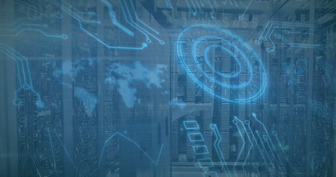 Digital Interfaces Overlaying High-Tech Server Room
