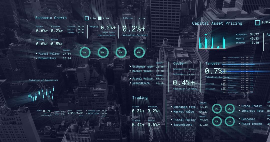 Digital Financial Data Overlays on City Skyline
