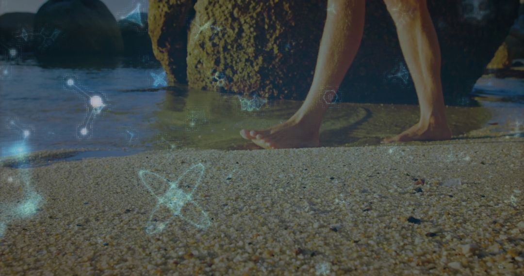 Bare Feet Strolling on Beach with Holographic Science Symbols