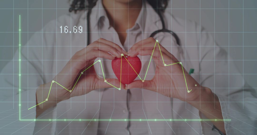 Female Clinician Holding Red Heart Showing ECG Data Overlay and Cardiology Analytics