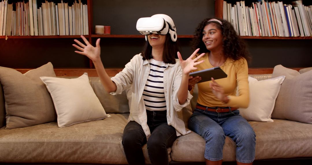 Diverse Friends Enjoying Virtual Reality Gaming Together at Home