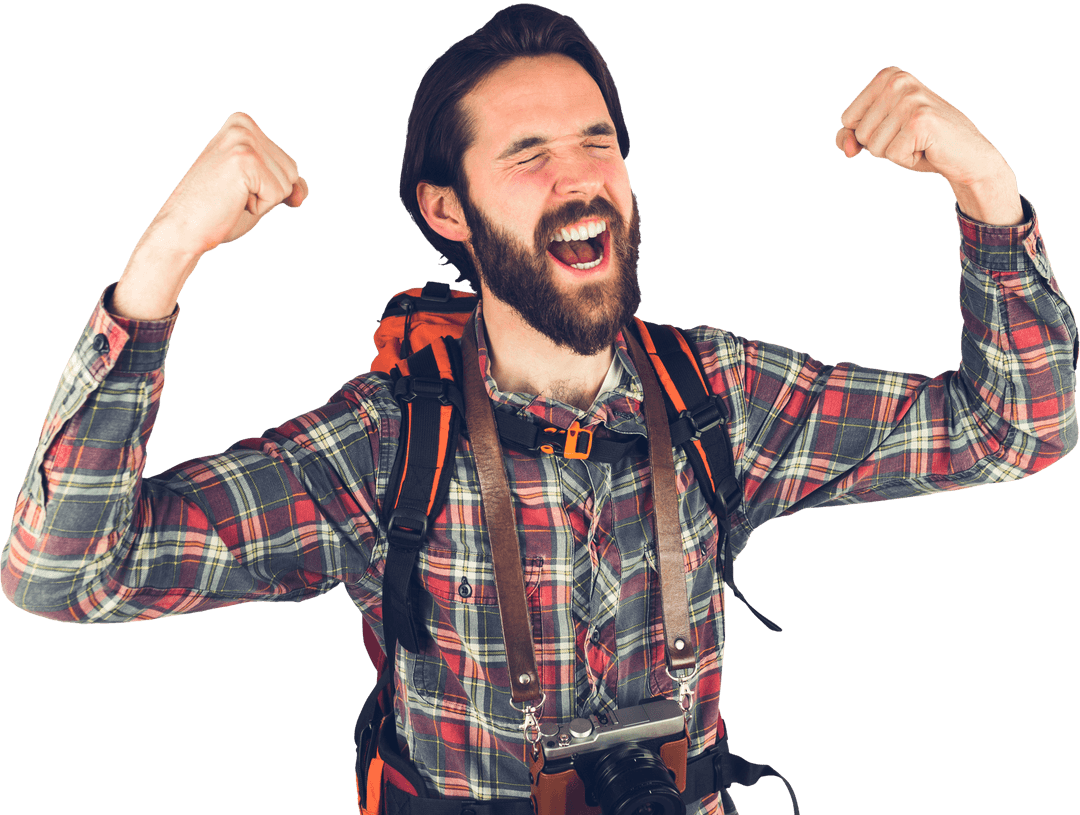 Excited Adventurer Celebrating with Raised Arms Transparent