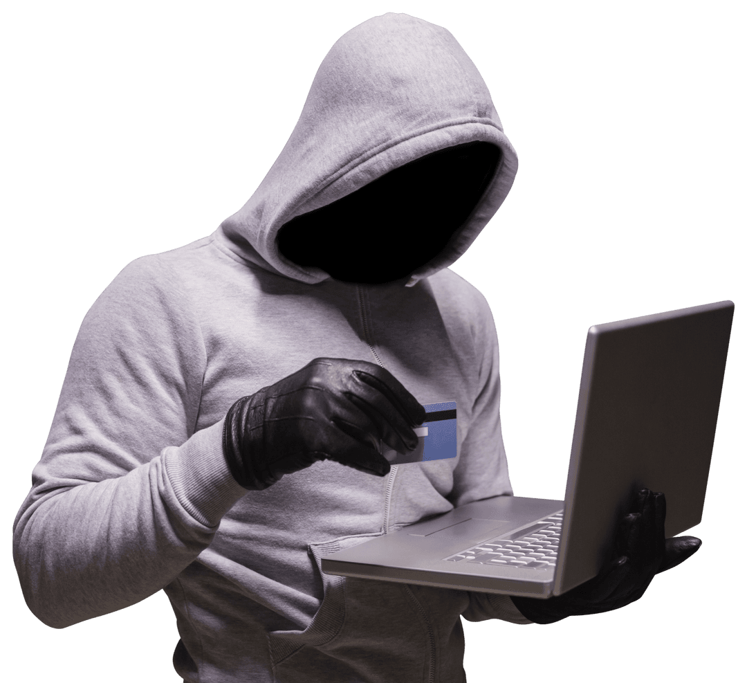 Cyber Criminal in Hoodie Uses Credit Card with Laptop on Transparent Background