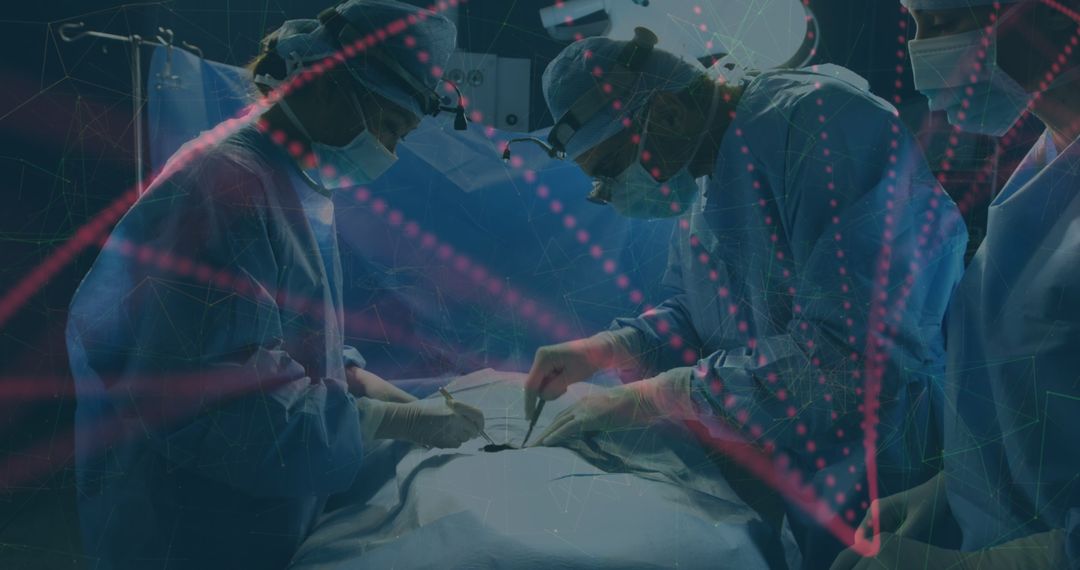 Surgical Team in Operation with DNA Overlay Highlighting Medical Science