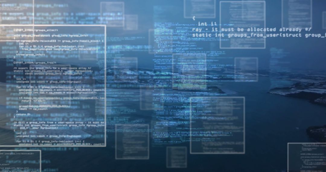 Futuristic Code Panels Floating Over Serene Waters