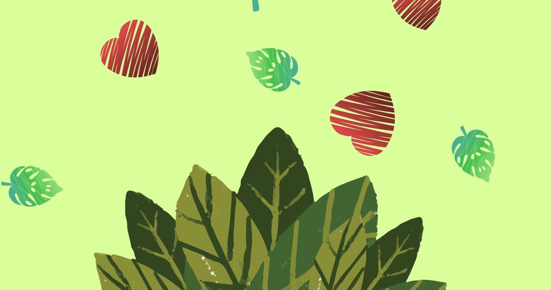 Falling Leaves and Heart Shapes on Green Background