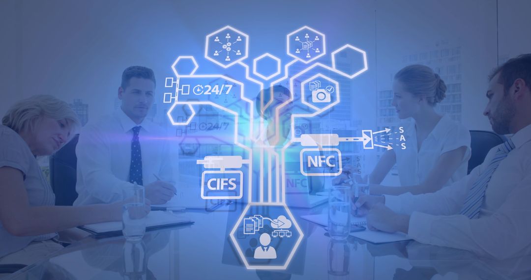 Business Team Engaging with Futuristic Network Technology Interface