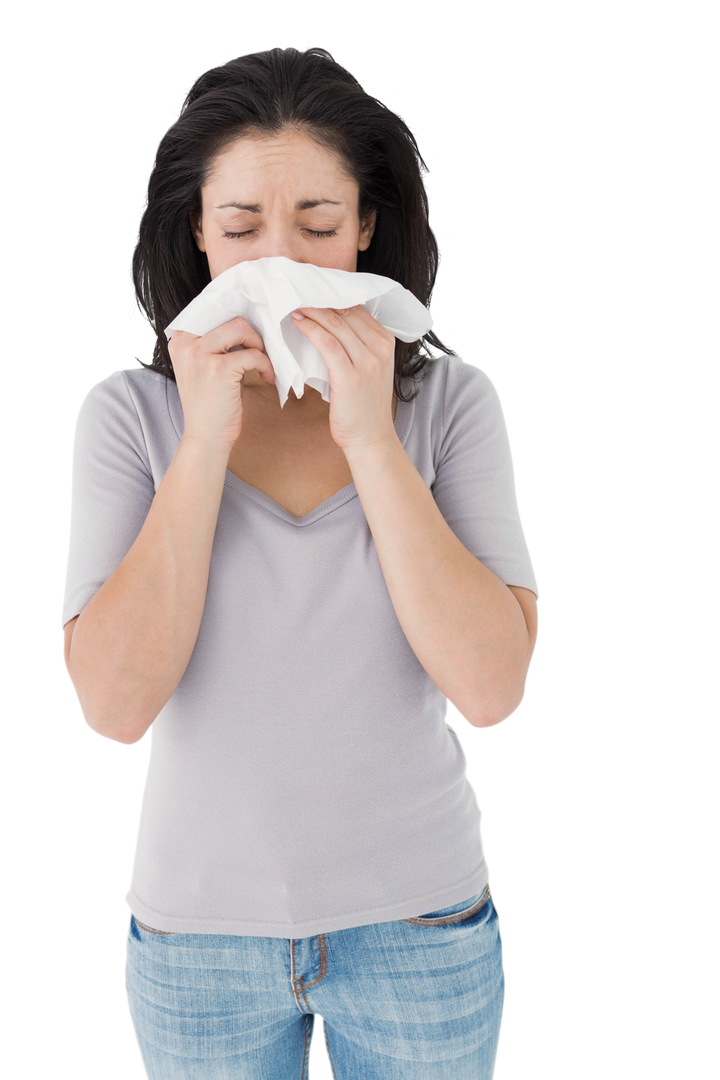 Sick Brunette Blowing Nose with Tissue on Transparent Background - Download Free Stock Images Pikwizard.com