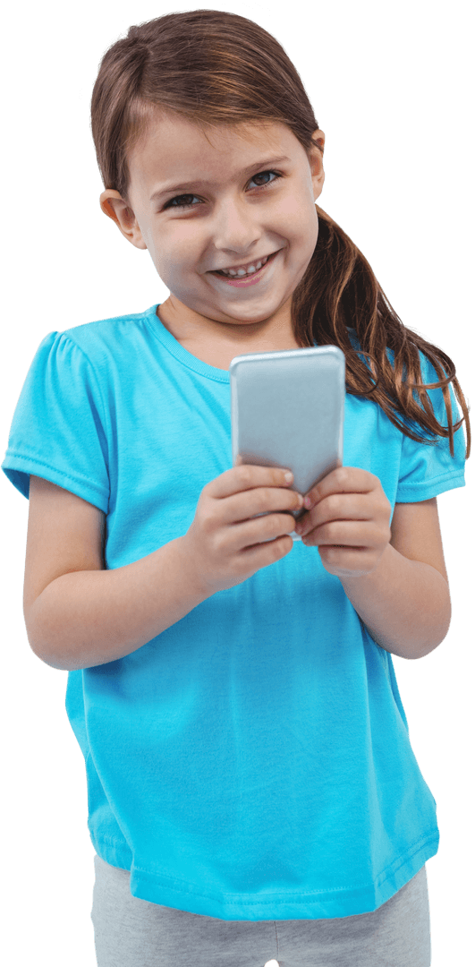 Smiling Girl in Blue Shirt Holds Smartphone on Transparent Background