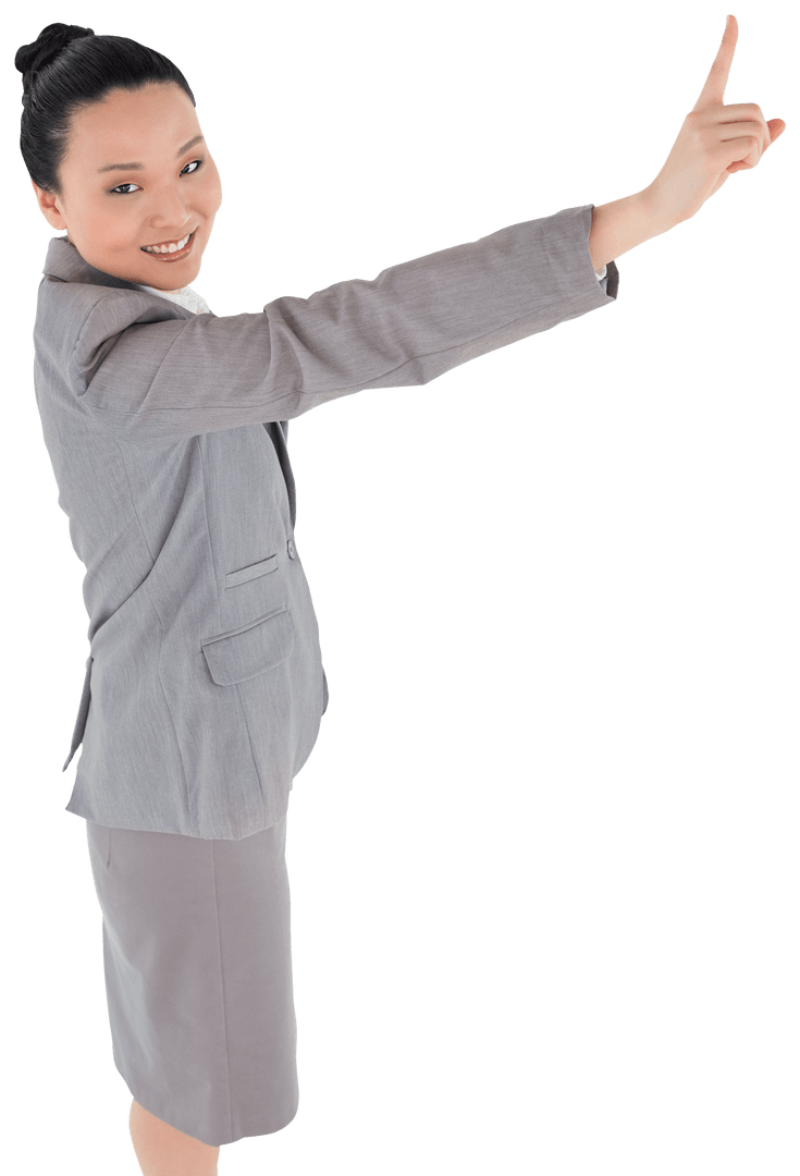 Transparent Joyful Businesswoman Smiling and Pointing