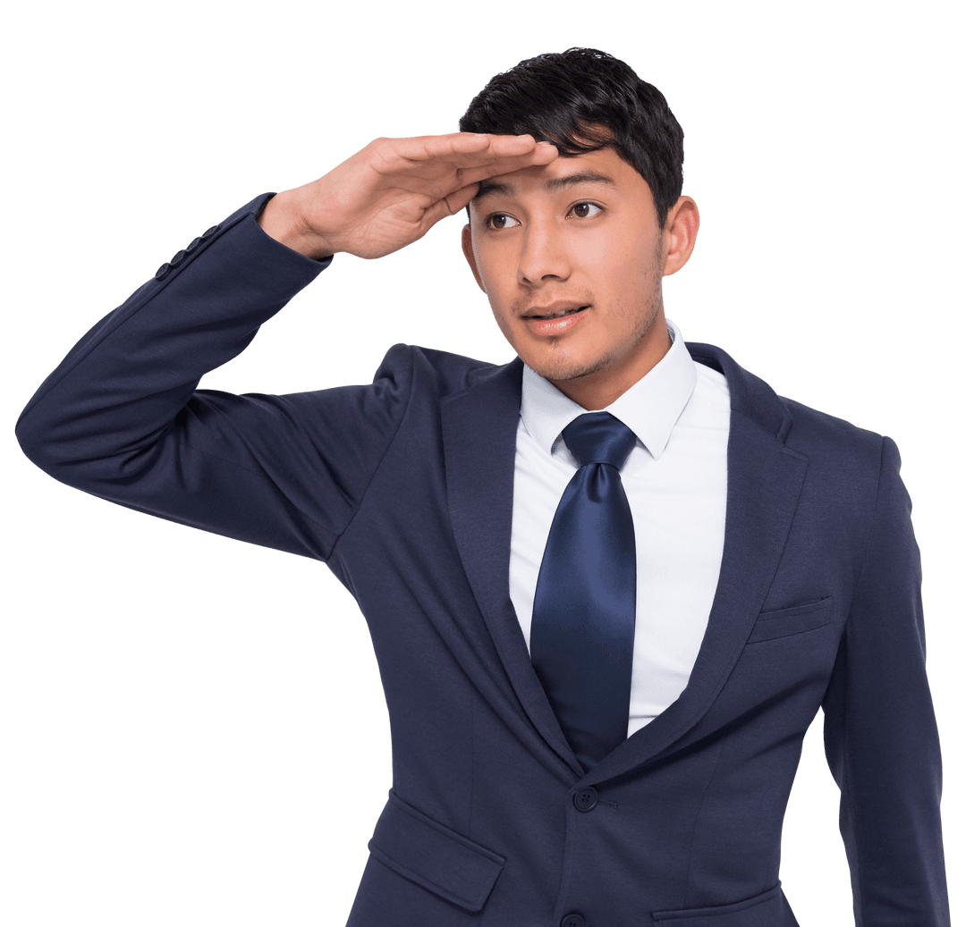 Transparent Confident Biracial Businessman in Suit Gazing Forward