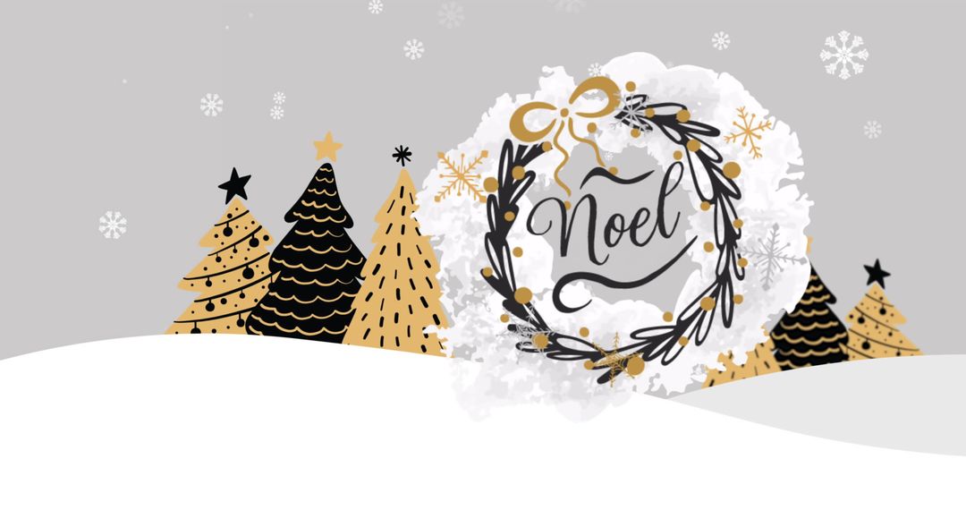 Noel Wreath with Stylized Christmas Trees on Snowy Background