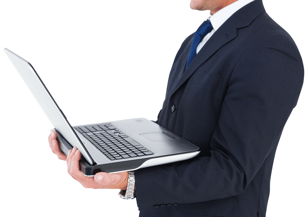 Transparent Businessman in Suit Using Laptop for Work