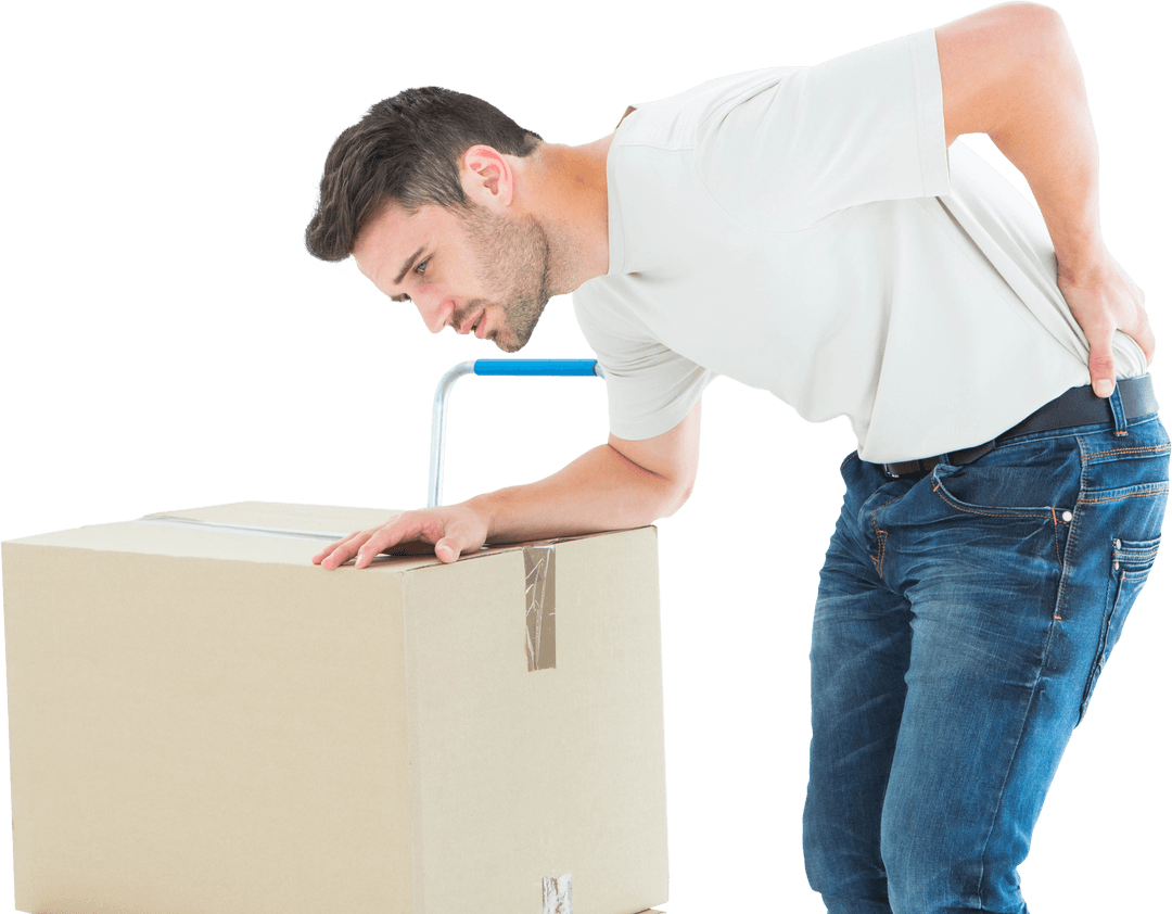 Delivery Man Struggling with Back Pain While Lifting Box, Transparent